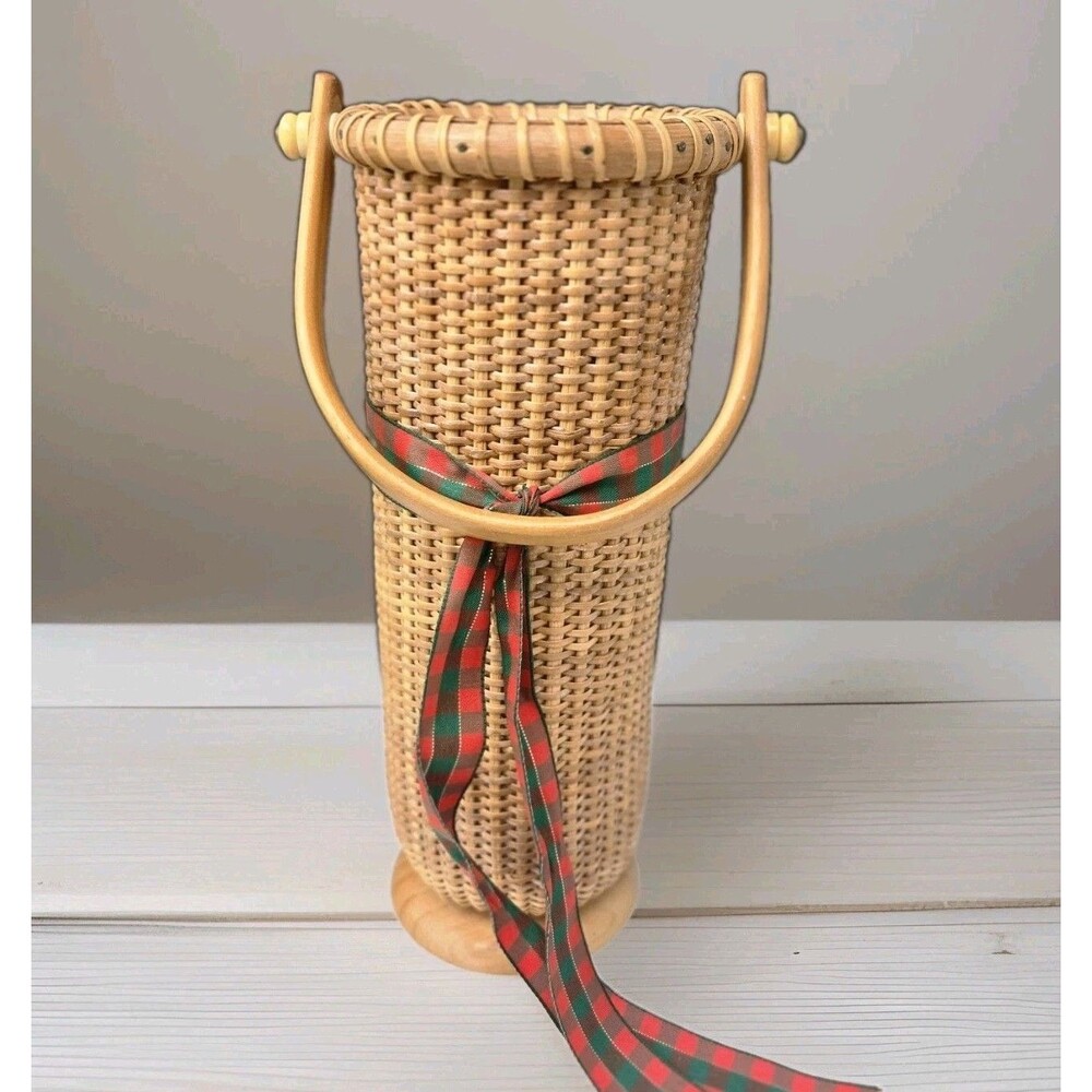 Vintage Nantucket Lightship Style Woven Wine Basket Carrier Cylinder Vase 11"